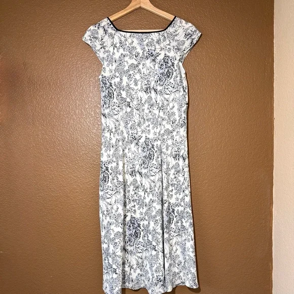 LOFT 90s Silk Babydoll Floral MIDI Dress Sz 6 Black White Blue Flowy Fairy Y2K - Picture 2 of 12
